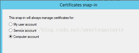 Certificates snap-in This snap-in will always manage certificates for C) user account O serv.,ce @ Computer account 