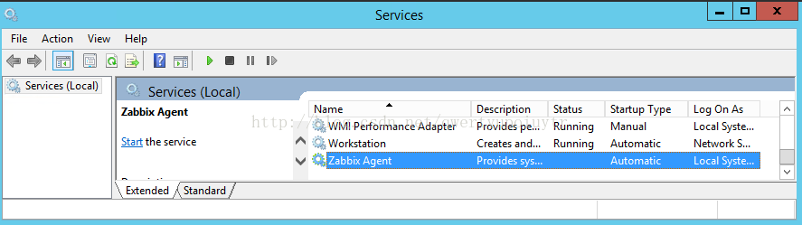 File Action View Help Services (Local) Ices Zabbix Agent Start the service Loca Services WMI Performance Adapter G Workstation ? Zabbix Agent Description Provides pa.. Creates and... Prcvides sys.. Status Running Running Startup Type Manual Automatic Autcmatic Log On As Local Syste... Network Lccal Syste... Extended Standard 