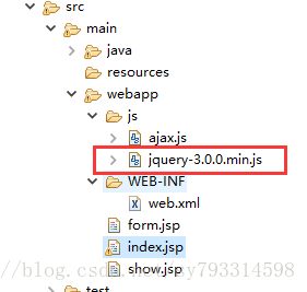 js資料夾、WEB-INF資料夾、form.jsp、index.jsp、show.jsp為webapp目錄下的同級路徑