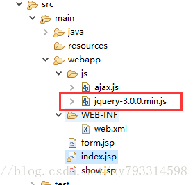 js文件夹、WEB-INF文件夹、form.jsp、index.jsp、show.jsp为webapp目录下的同级路径