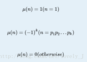 μ(n)=1(n=1)μ(n)=(−1)k(n=p1p2…pk)μ(n)=0(otherwise)