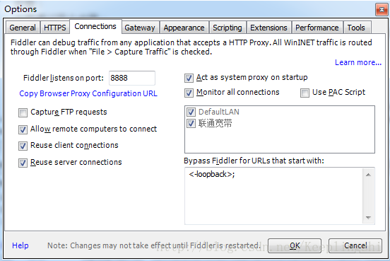 选中"Allow remote computers to connect".  是允许别的机器把HTTP/HTTPS请求发送到Fiddler上来