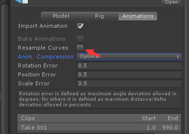 unity3d 导入动画一帧切问题