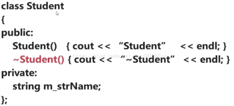 class Student public: Student() { cout < < —Student() { cout < < private: string m_strName;