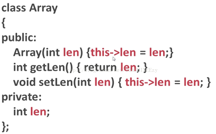 计算机生成了可选文字: class Array public: Array(int len) {this->len = len;} int getLen() { return len; } void setLen(int len) { this->len = len; } private: int len;