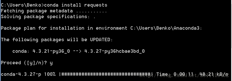 我在之前已经安装过requests库，这里用conda命令尝试再次安装时，它会问我是否升级，选择y便会自动升级，这里可以看出，python库的安装还是比较方便的