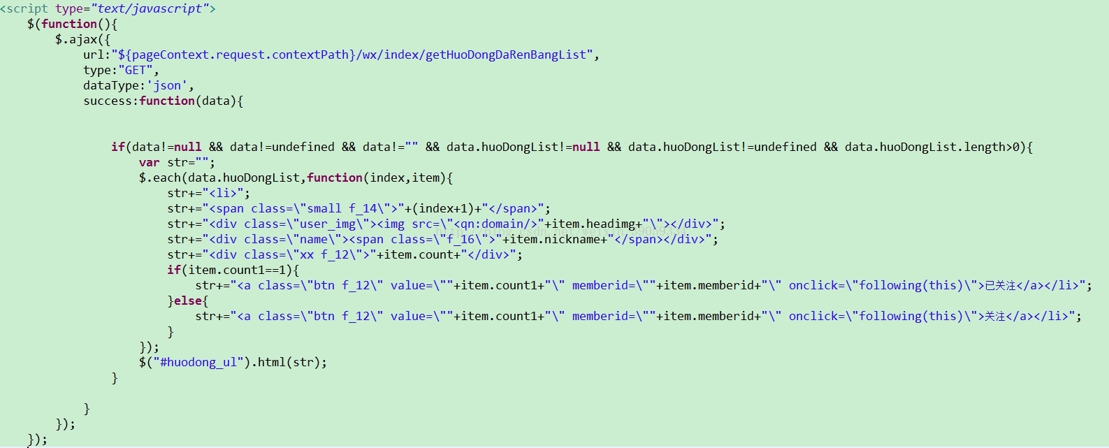 
			
				加载页面时，ajax异步请求数据，$.each()遍历数据，通过jQuery将数据html()到dom结构中			