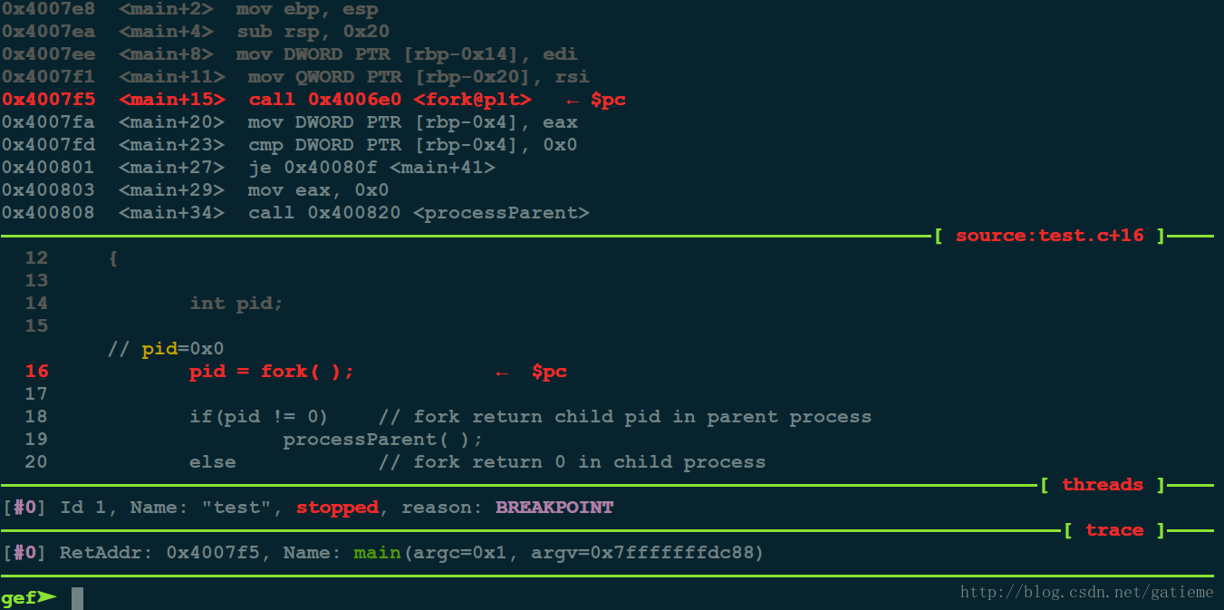 进程停在了 <code>fork</code> 的位置
