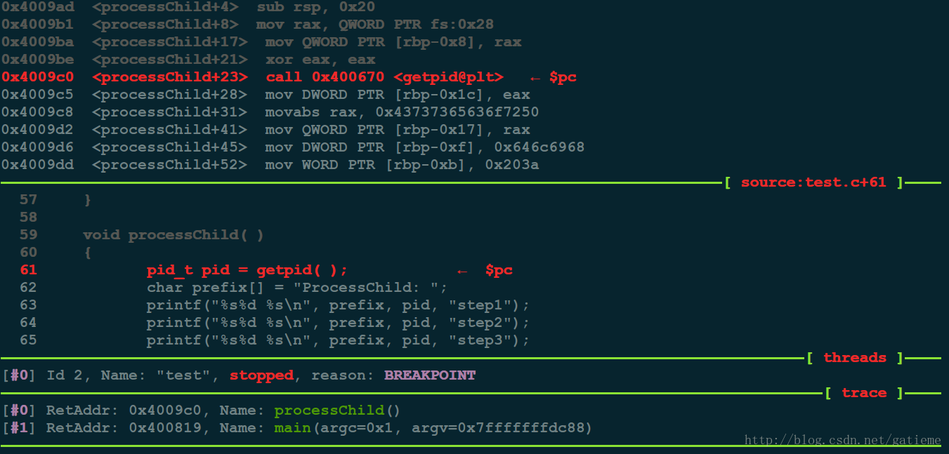 程序会停止在子进程 <code>ProcessChild</code> 的位置