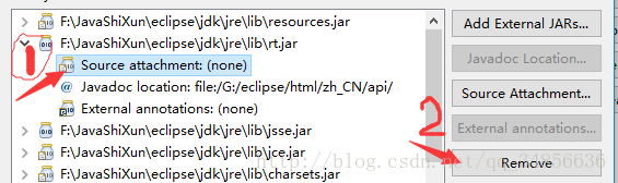 按照图片中的操作选中rt.jar下的Source attachment然后点击Remove
