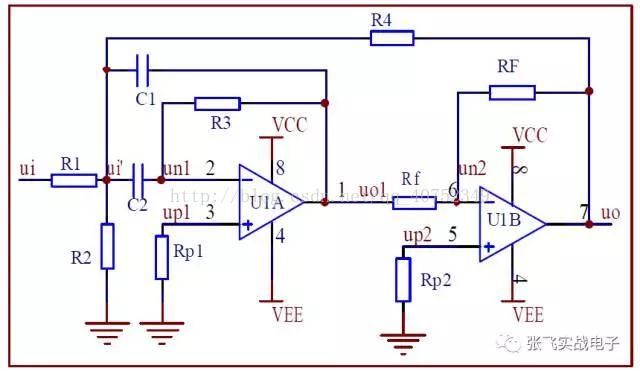 因此特別適合作為點頻率濾波器高q 值二階帶通濾波器電路如圖所示,該