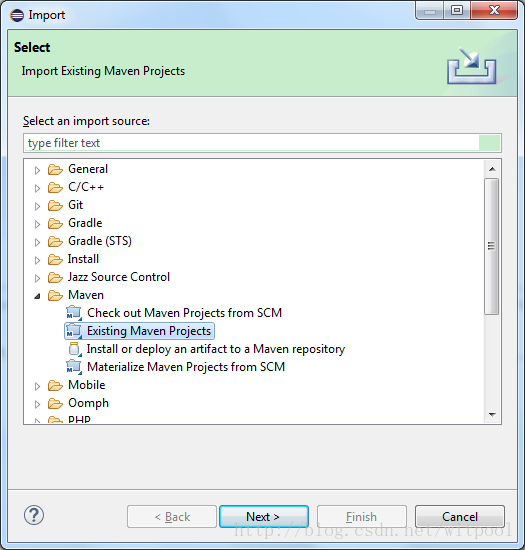 导入工程文件选择Existing Maven Projects
