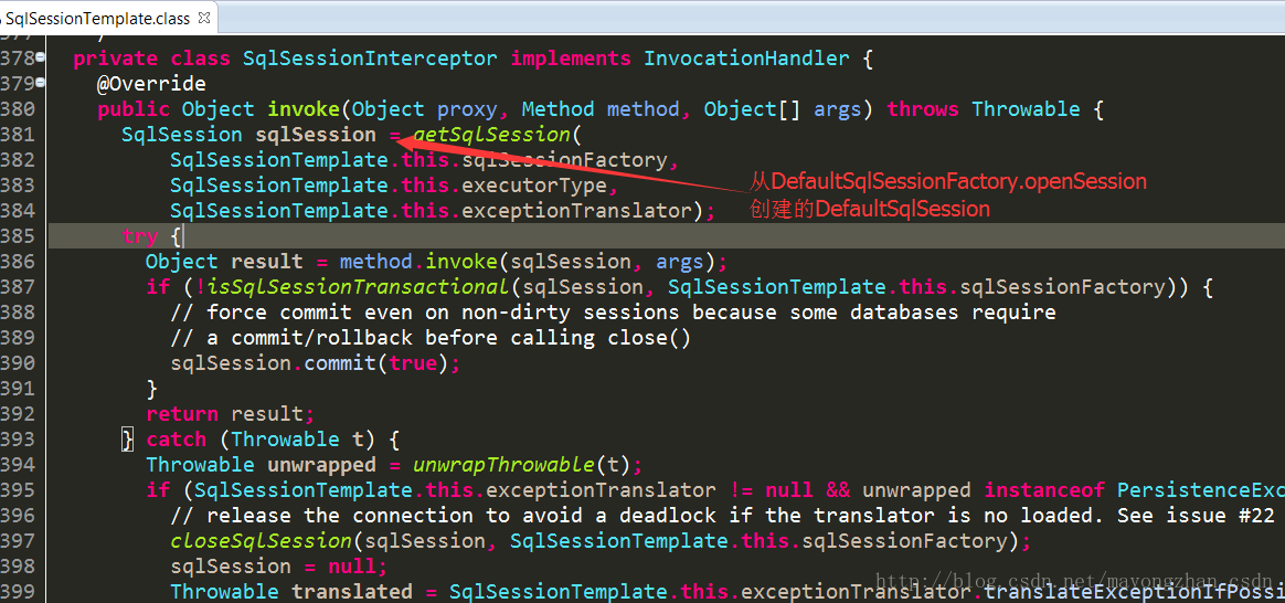SqlSessionTemplate的成员SqlsessionInterceptor创建DefaultSqlSession