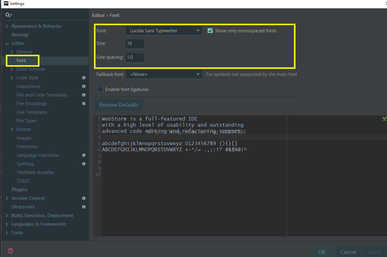 webstorm主题、字体形式设置