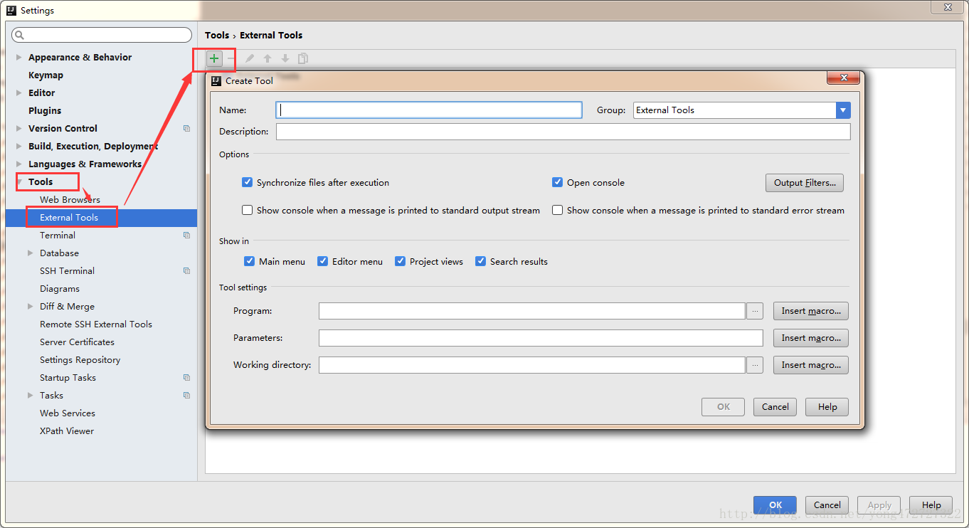 选择Tools--->External Tools，点击右侧的“+”