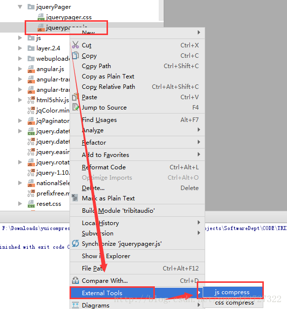 选中js文件，右键，选择External Tools--->js compress