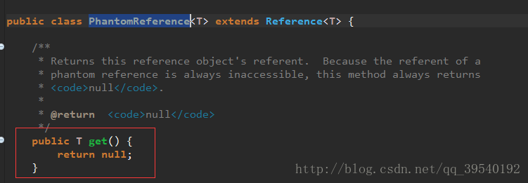 PhantomReference的get方法无论在上面情况下都是返回null。这个在PhantomReference源码中可以看到