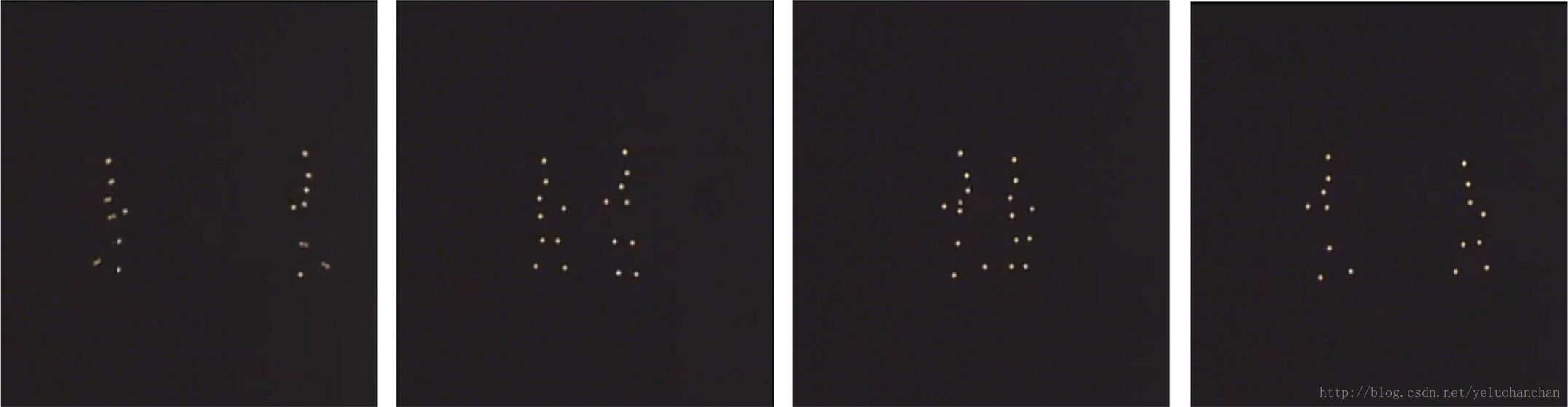 图1 Four frames of the video (see footnote 1) showing Johansson's moving light-spots experiment: two persons cross each other