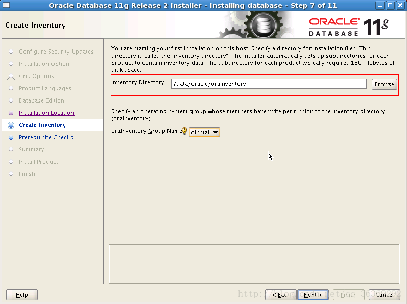 选择inventory 目录，这里必须对data/data/oracle/oraclnventory赋予权限 chown –R oracle:oinstall /data/data/oracle/oraclnventory