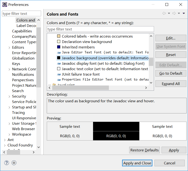 ECLIPSE Perferences 设置(一)(General > Appearance > Colors and Fonts