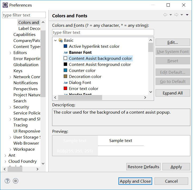ECLIPSE Perferences 设置(一)(General > Appearance > Colors and Fonts