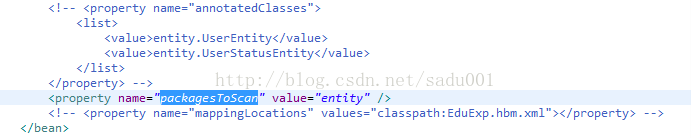 在hibernate配置文件中，采用spring扫描时，packagesToScan的value应该写到实体类所在的文件夹或者再上一级文件夹.*