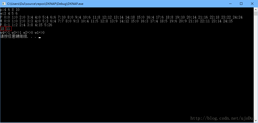 C++回溯法0/1背包问题DKNAP运行结果2