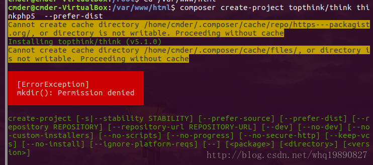 Ubuntu composer 安装thinkphp5 失败，报错：[ErrorException]               mkdir(): Permission denied