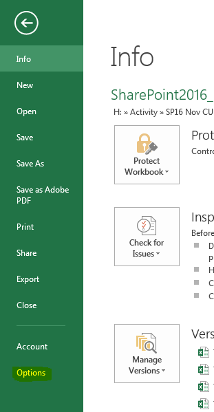 Machine generated alternative text: Info SharePoint2Ol6_ H: » Activity SP16 Nov CU Prot Contrc Ins p Before D p H IC Manage Versions . p Protect Workbook