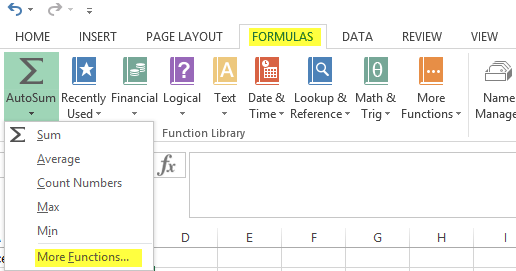 Machine generated alternative text:H 0M E NSERT PAG E LAYOUT FORMULAS DATA REV EW V EW Name Ma AutoSum Recently Financial Logical Text Date & Lookup & Math & More Used · Sum Average Count Numbers More Functions.. Time · Referen “ · Trig ． Functions · Fu n Ctl 0 n Llbrary 