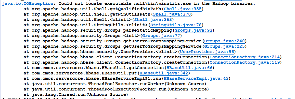 Hbase中(java.io.IOException:Couldnotlocateexecutablenullbinwinutils.exeintheHadoopbinarie)