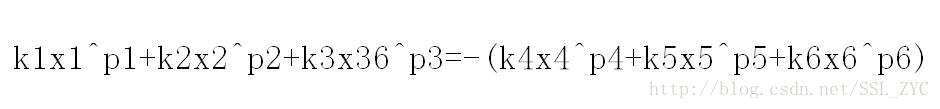 **k1x1^p1+k2x2^p2+k3x36^p3=-(k4x4^p4+k5x5^p5+k6x6^p6)**