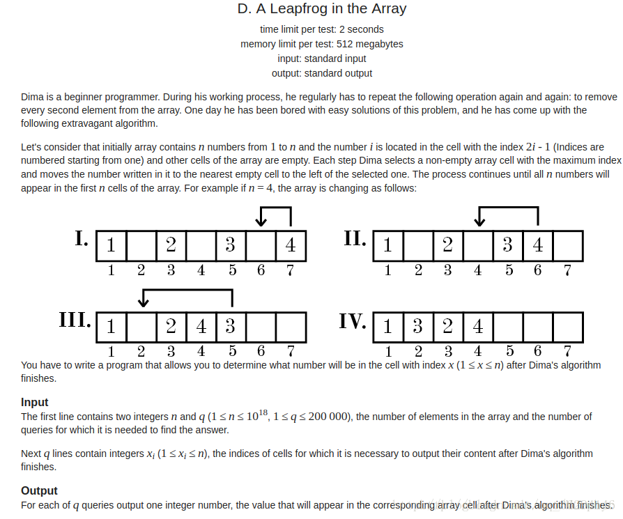 
			
				Codeforces Round #469 (Div. 2) D. A Leapfrog in the Array (思维）			