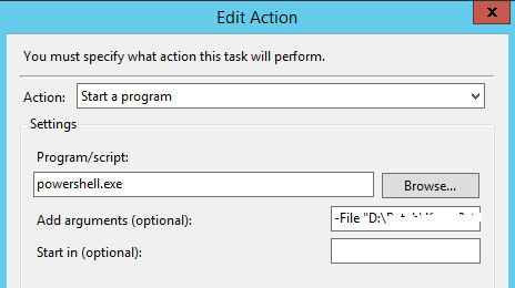 Machine generated alternative text:Edit Action You must specify what action this task will perform. Action: Stat a program Program/script: powershell exe Add arguments (optional): Stat in (optional): Browse.. Fi I e "D:l
