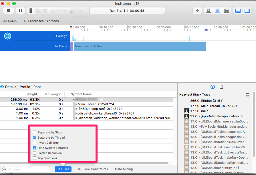 Xcode8.3.2 性能调优工具 Instruments 之 TimeProfiler 揪出页面卡顿利器的使用方法_xcode