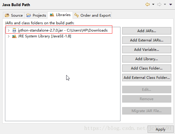 Java Build Path中加入jython-standalone-2.7.0.jar