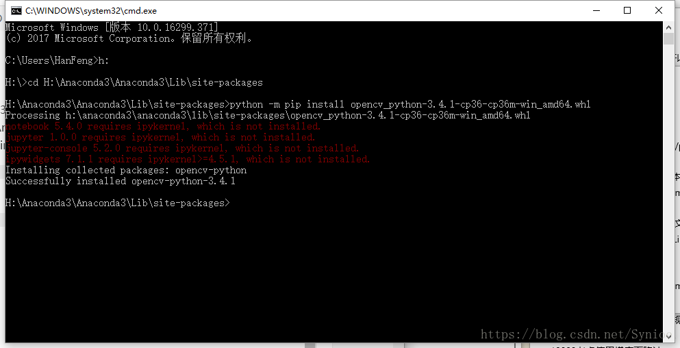 今天在python环境中安装opencv3.4.1时遇到fatal error in launcher:unable to create process using ‘”’