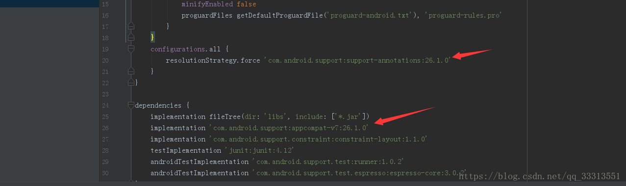 android Conflict with dependency 'com.android.support:support-annotations' in project ':app'.