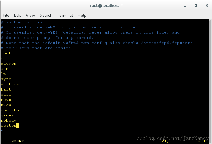vim /etc/vsftpd/user_list