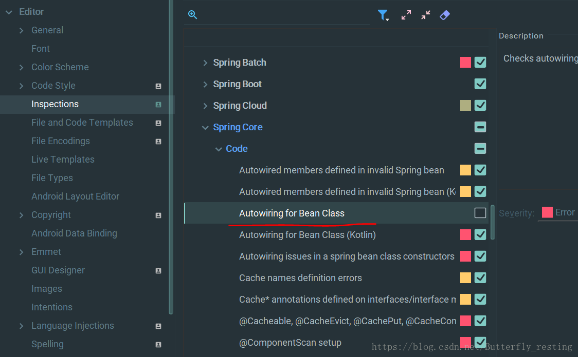 settings - editor - inspections - spring - spring core - code