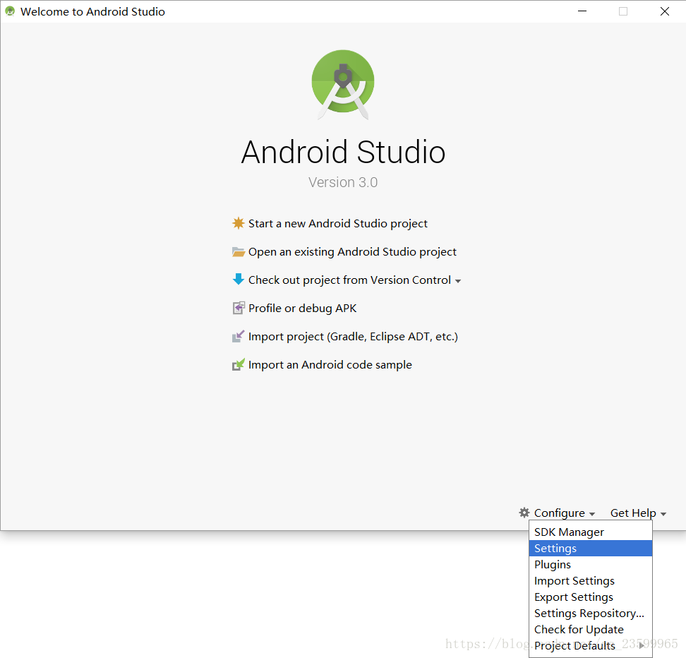 运行Android Studio，点击Settings