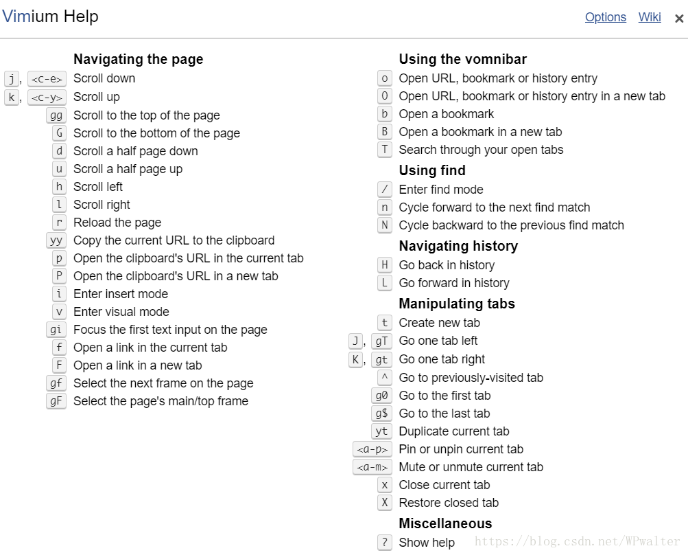 按下 ? 可以開啟 Vimium 的幫助頁面