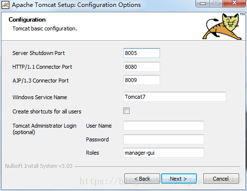 在这里可以对Tomcat进行一些配置的更改：HTTP/1.1 Connector Port可以对端口进行更改；Windows Service Name可以对服务器名称进行更改。