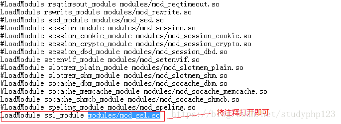 在 httpd.conf 中，开启 modules/mod_ssl.so