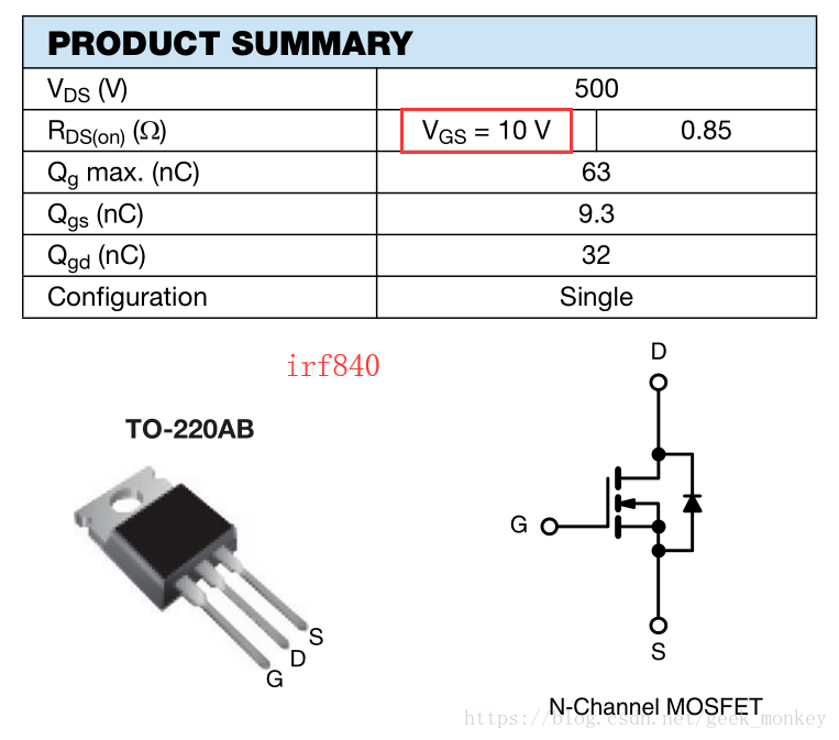 IRF840資料手冊說明