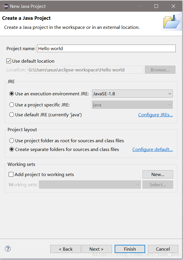開啟New Java Project 介面，在 Project name 欄目內填寫 Hello world，點選 Finish