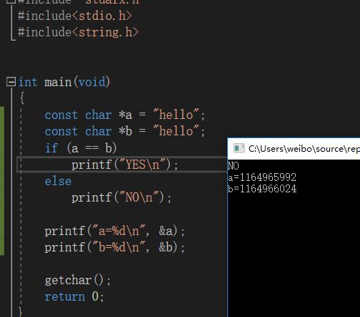 Char *a = “hello“； Char *b = “hello“； If(a= =b) Printf(“YES“)； Else ...