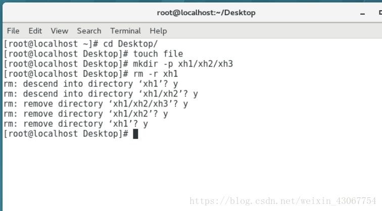 运用命令：cd 到Desktop桌面-->touch一个file文件---> mkdir一个xh1/xh2/xh3目录--->rm移除xh1/xh2/xh3目录 