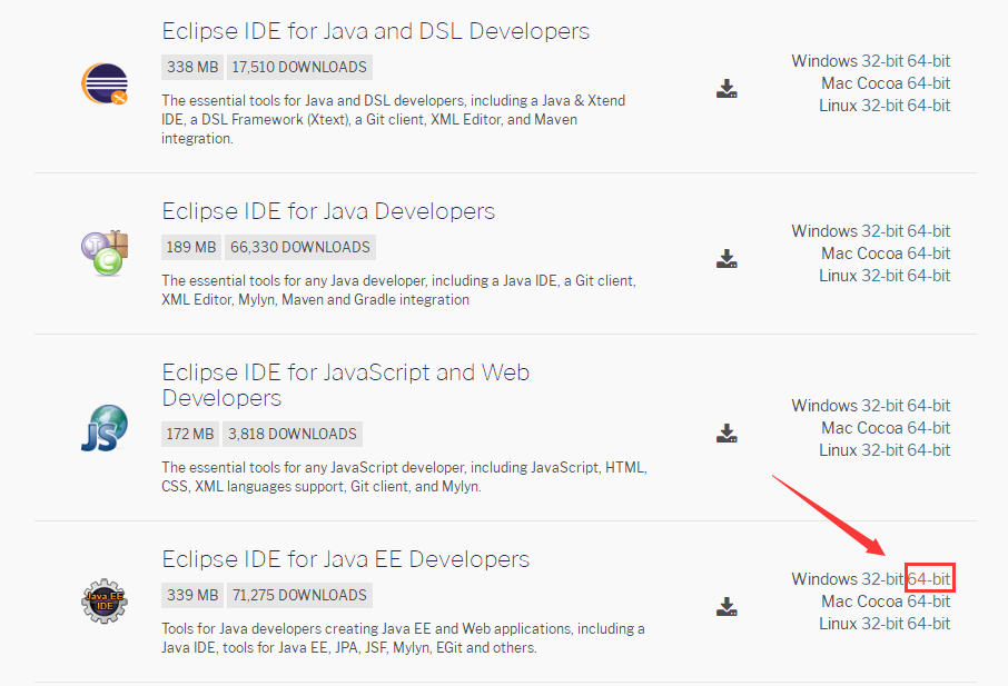 Eclipse IDE for Java EE Developers 项的最右边，点击 64 Bit 。