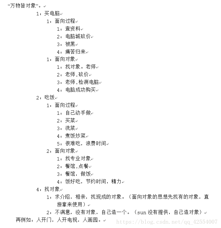 “万物皆对象”。1：买电脑1：面向过程1：查资料2：电脑城砍价3：被黑4：痛苦归来1：面向对象1：找对象。老师2：老师.砍价3：老师.检测电脑4：电脑成功购买2：吃饭1：面向过程1：自己动手做2：买菜3：洗菜4：煮饭炒菜5：很难吃，浪费时间2：面向对象1：找专业对象2：餐馆.点餐3：餐馆，做饭4：饭好吃，节约时间，精力4：找对象1：求介绍，相亲，找现成的对象。（面向对象的思想先找有的对象，直                        					接拿来使用）2：不满意，没有对象，自己造一个。（sun没有提供，自己造对象）